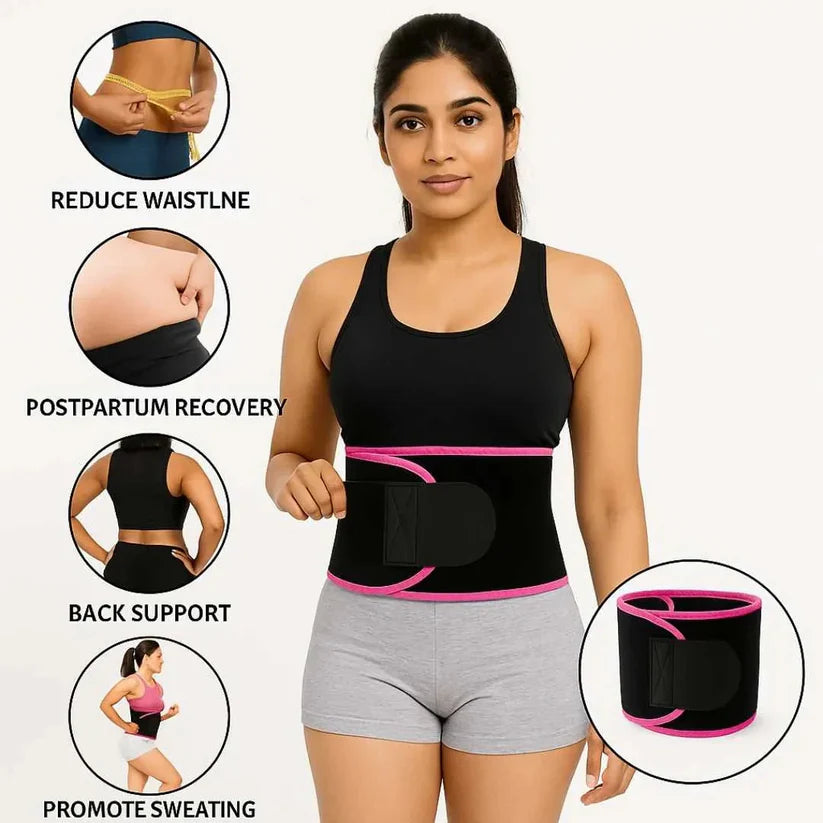 Woman wearing an adjustable waist trimmer belt promoting sweating, back support, postpartum recovery, and waist reduction.