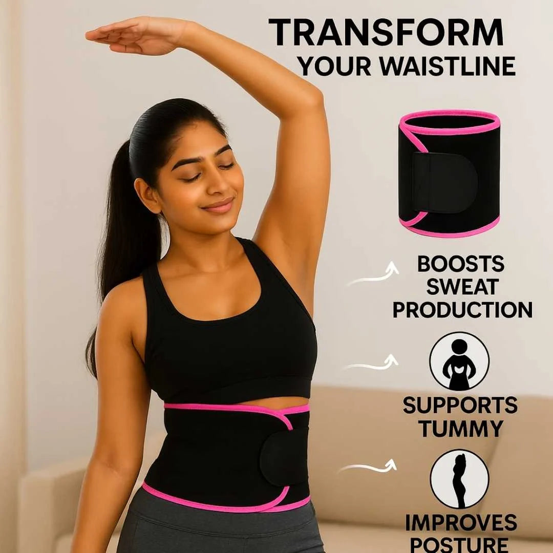 Woman wearing adjustable waist trimmer belt, showcasing features to boost sweat production and support tummy.