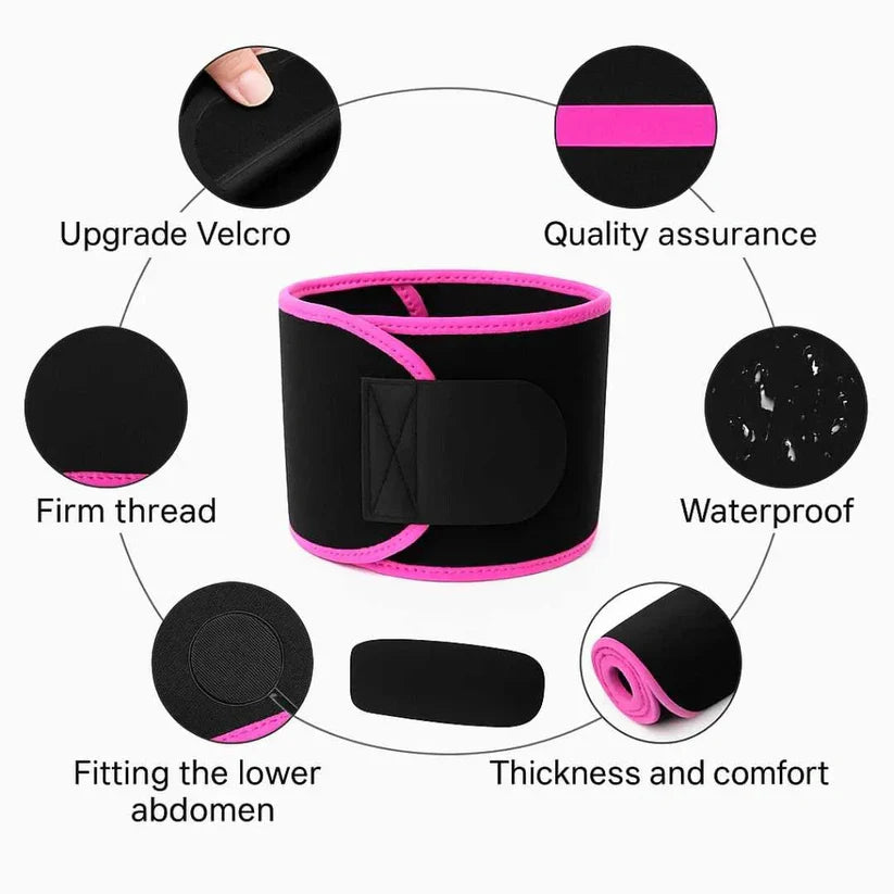 Adjustable waist trimmer belt features including velcro upgrade, waterproof quality, and comfort for the lower abdomen.