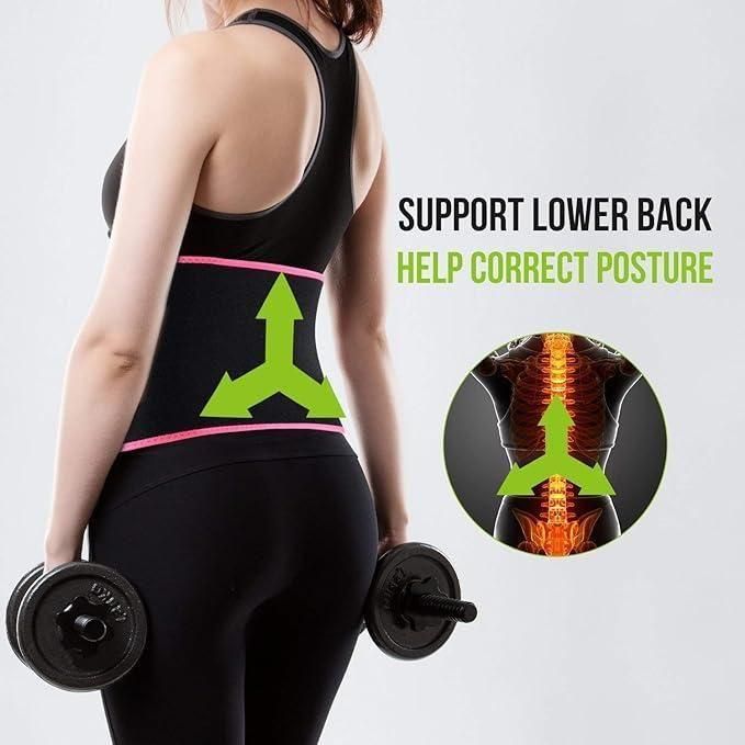 Adjustable waist trimmer belt worn by a person, showing support for lower back and posture correction during workouts.