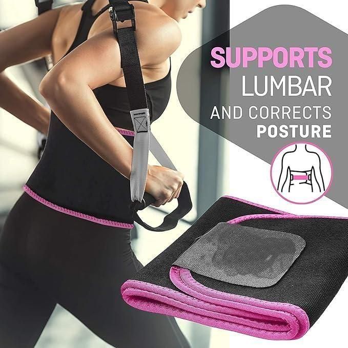 Woman wearing adjustable waist trimmer belt that supports lumbar and corrects posture.