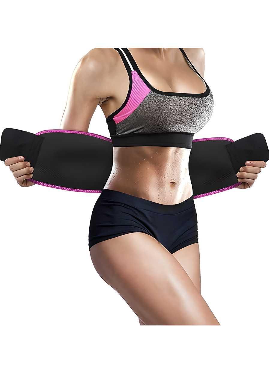 Woman demonstrating the adjustable waist trimmer belt for fitness and core support.